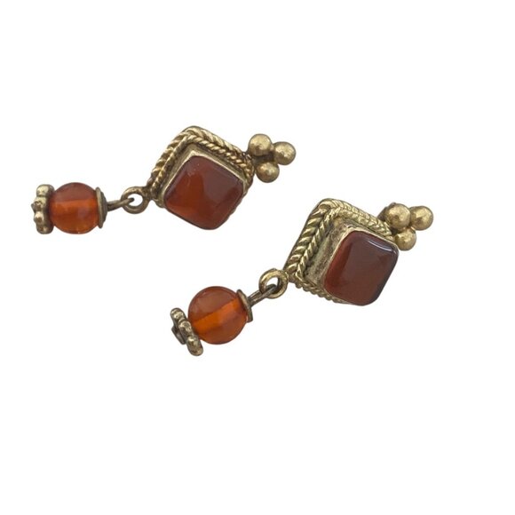 Sterling Silver Gold Plated Carnelian Drop Earring studs ornate oriental - Picture 5 of 8